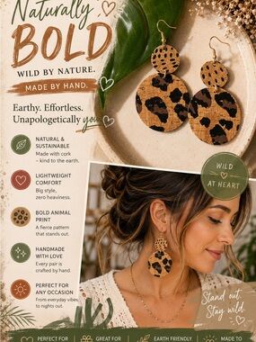 Naturally Bold Cork Leopard Drop Earrings - Animal Print Earrings Lightweight